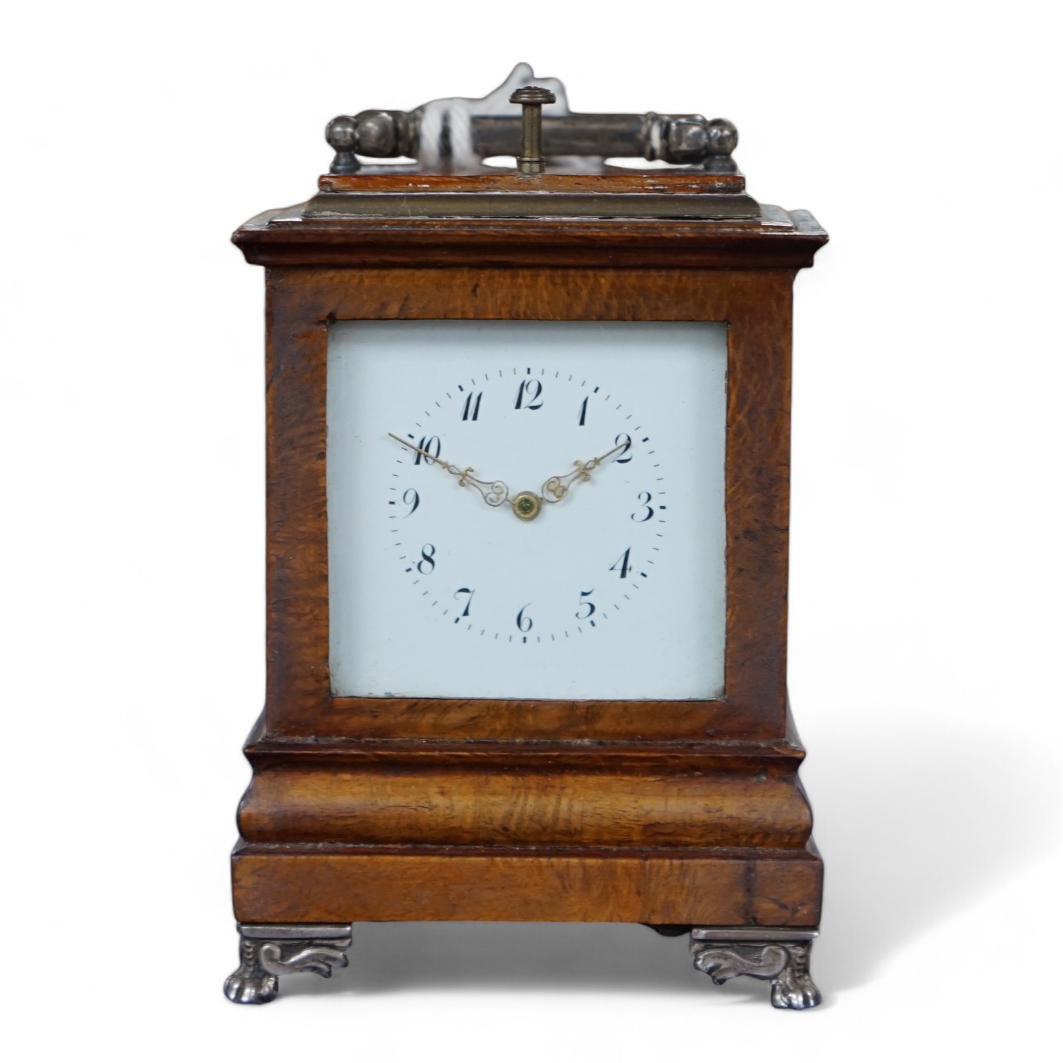 An early 20th century walnut miniature repeating carriage clock, with key, 8.5cm. Condition - fair, currently ticking